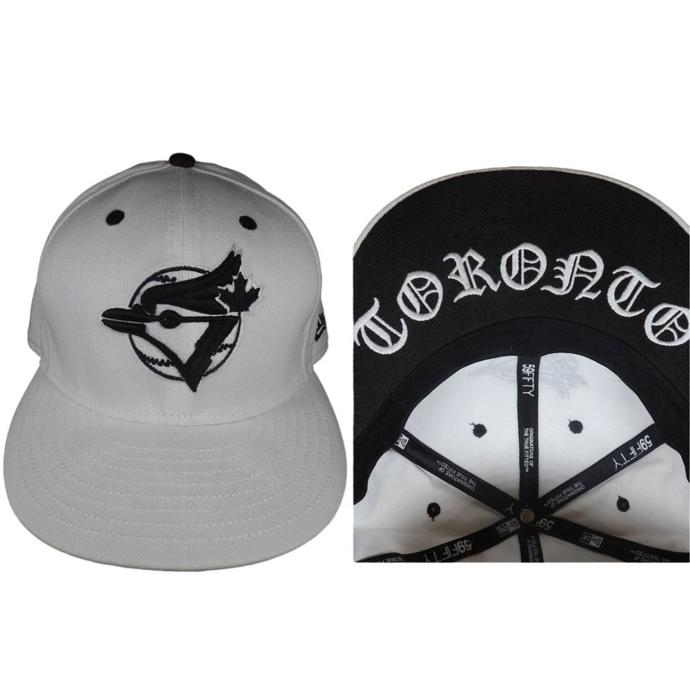 Toronto Blue Jays Gothic Old English White New Era Fitted Hat Cap Size 7 3/8